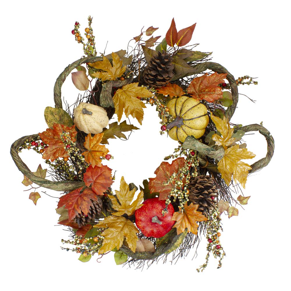 Sunflower  Pumpkin  Foliage and Pine Cone Fall Harvest Wreath - 24 inch  Unlit. Picture 1