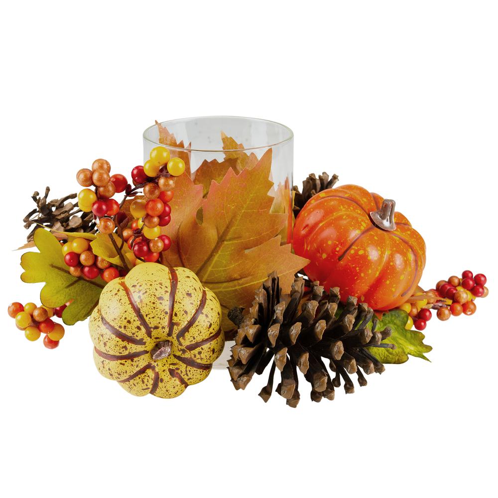 10" Pumpkin  Berry and Pine Cone Fall Harvest Tealight Candle Holder. Picture 1