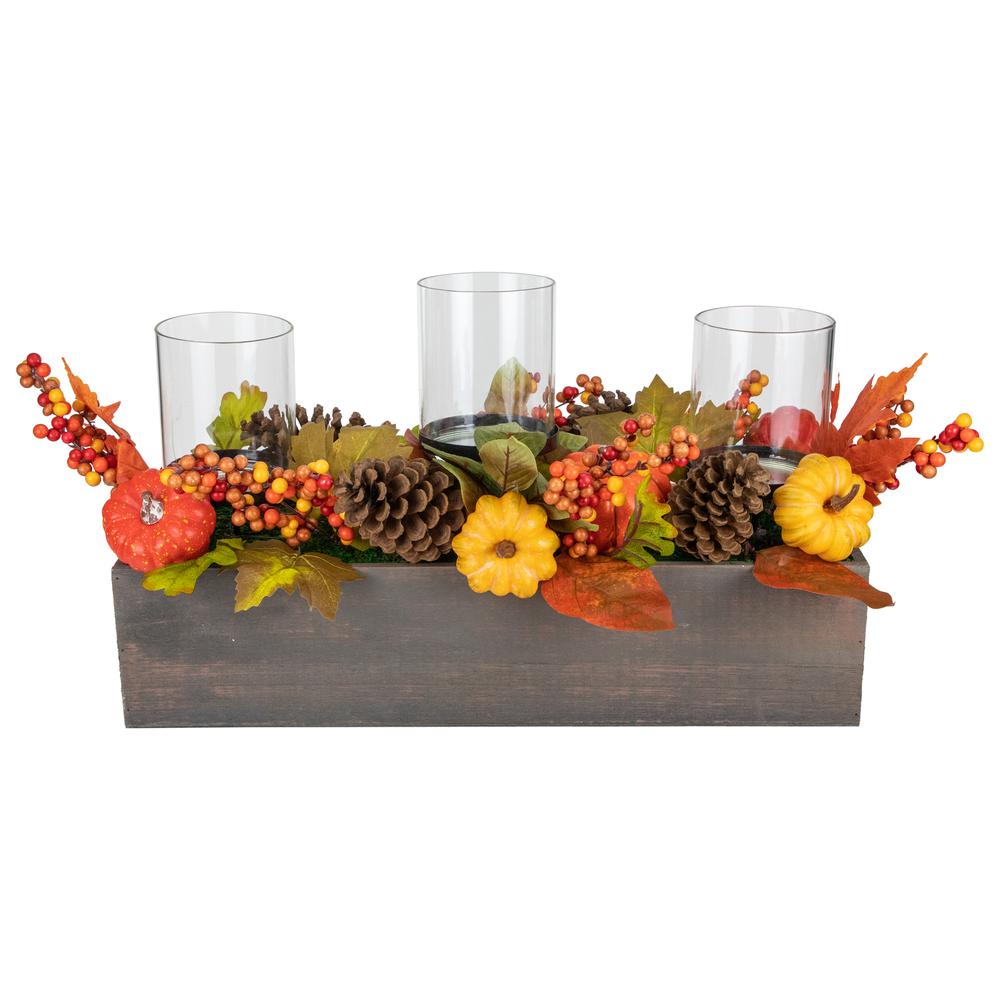 27" Pumpkin  Berry and Pine Cone Fall Harvest Triple Pillar Candle Holder. Picture 1