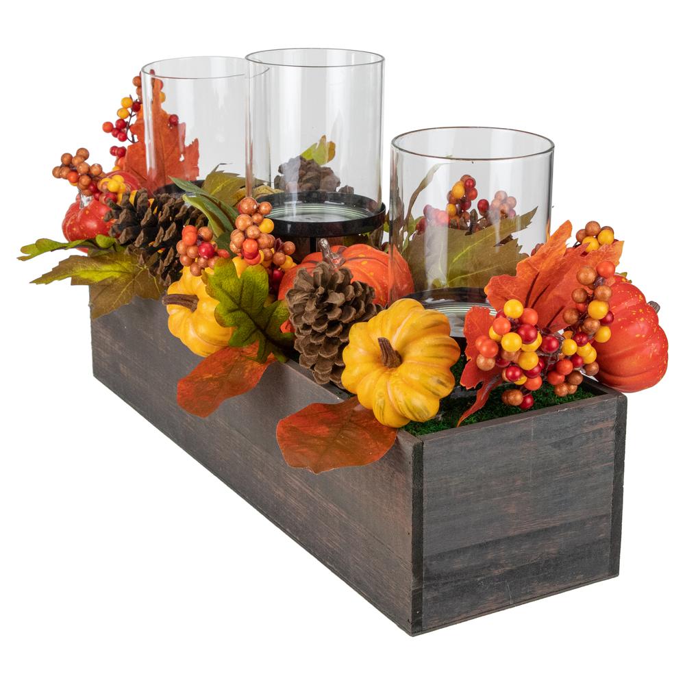 27" Pumpkin  Berry and Pine Cone Fall Harvest Triple Pillar Candle Holder. Picture 4