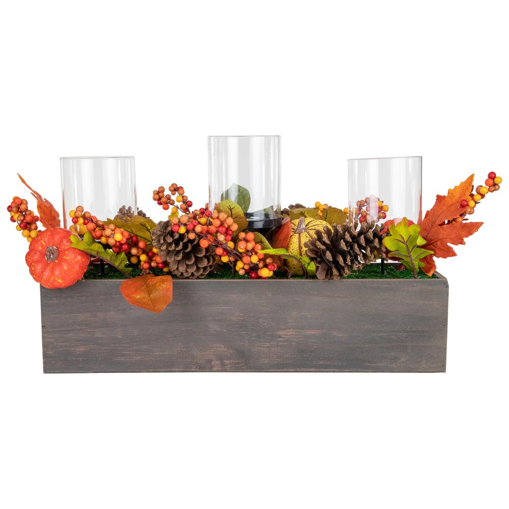 27" Pumpkin  Berry and Pine Cone Fall Harvest Triple Pillar Candle Holder. Picture 5