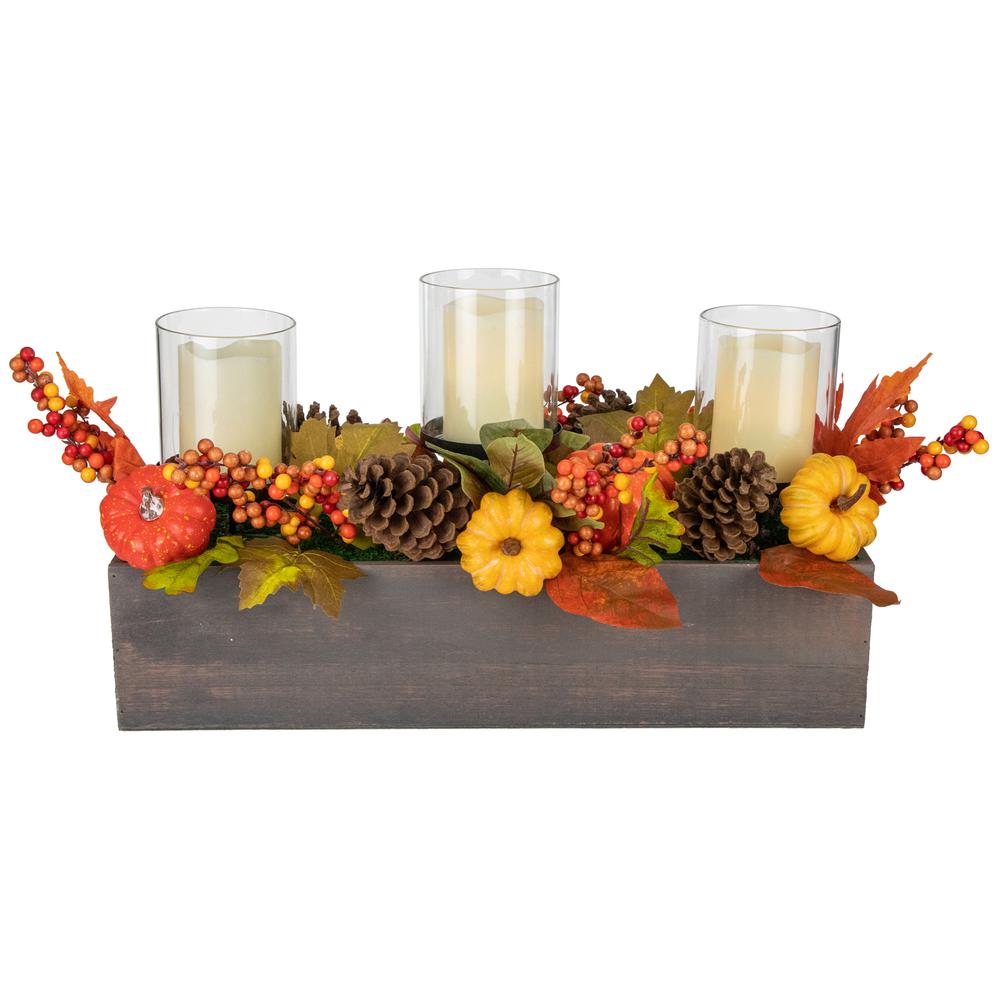 27" Pumpkin  Berry and Pine Cone Fall Harvest Triple Pillar Candle Holder. Picture 2