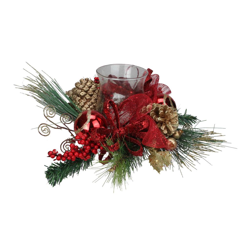 18" Pine Sprigs and Glittered Berries Christmas Hurricane Candle Holder. Picture 1