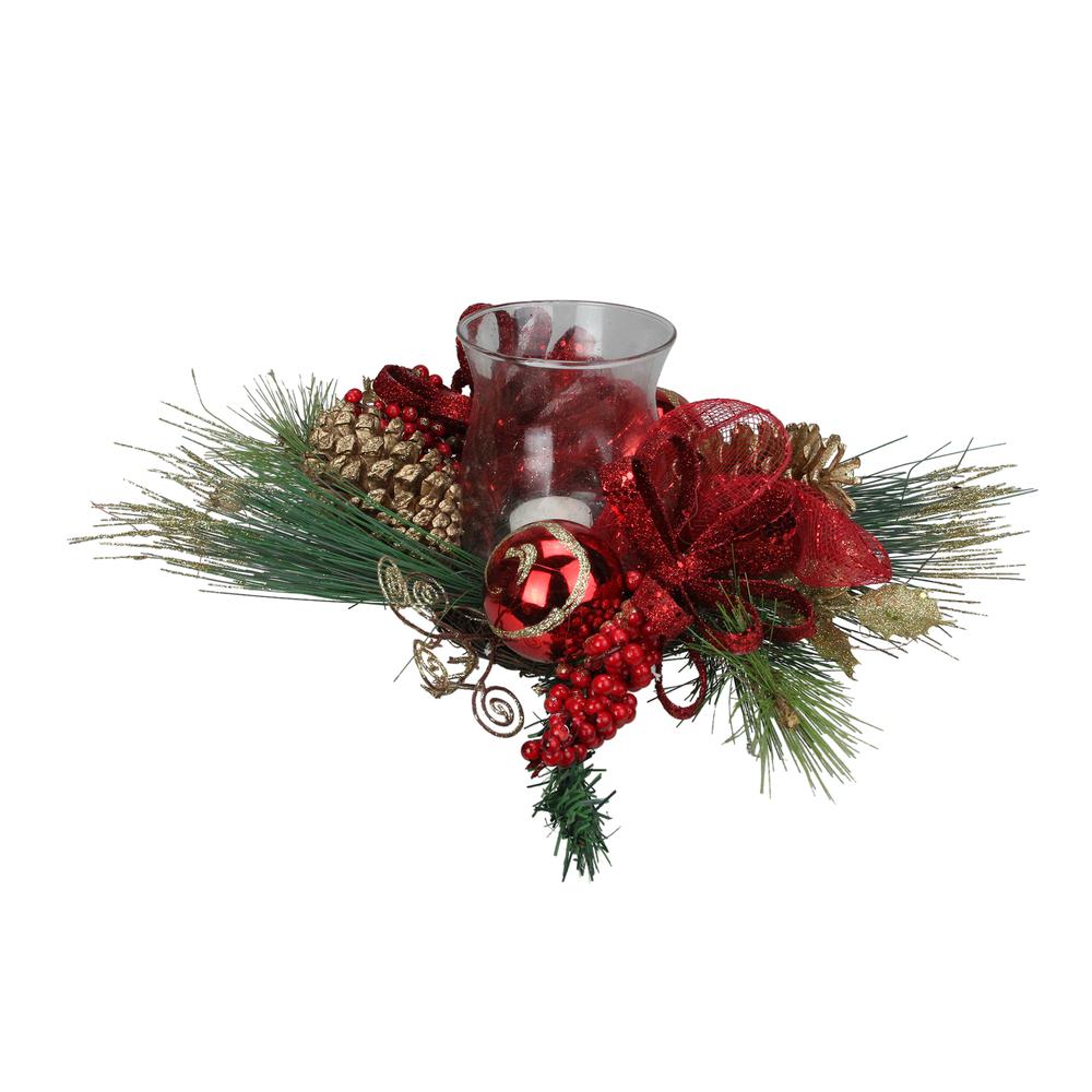 18" Pine Sprigs and Glittered Berries Christmas Hurricane Candle Holder. Picture 2