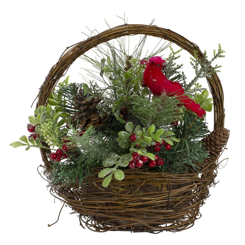 12" Red Cardinal with Winter Foliage Twig Basket Christmas Decoration. Picture 1