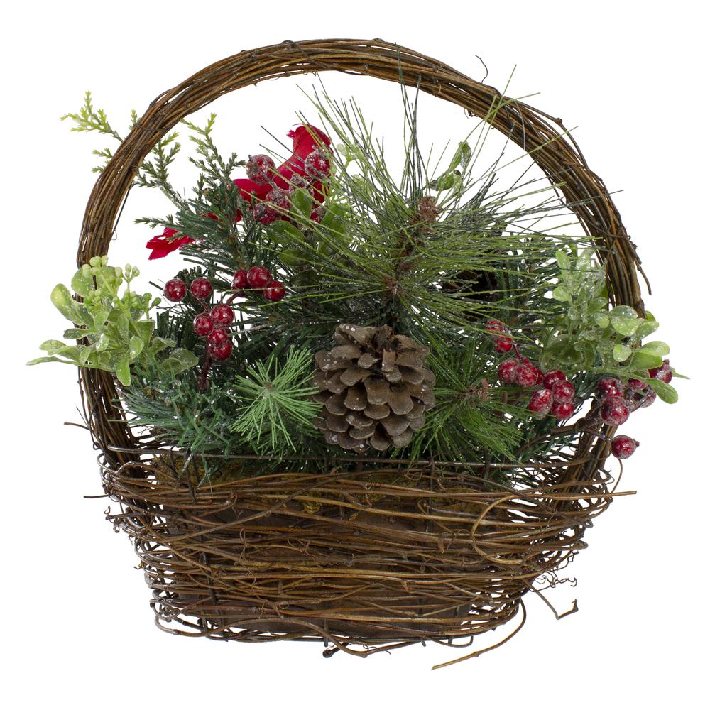 12" Red Cardinal with Winter Foliage Twig Basket Christmas Decoration. Picture 2