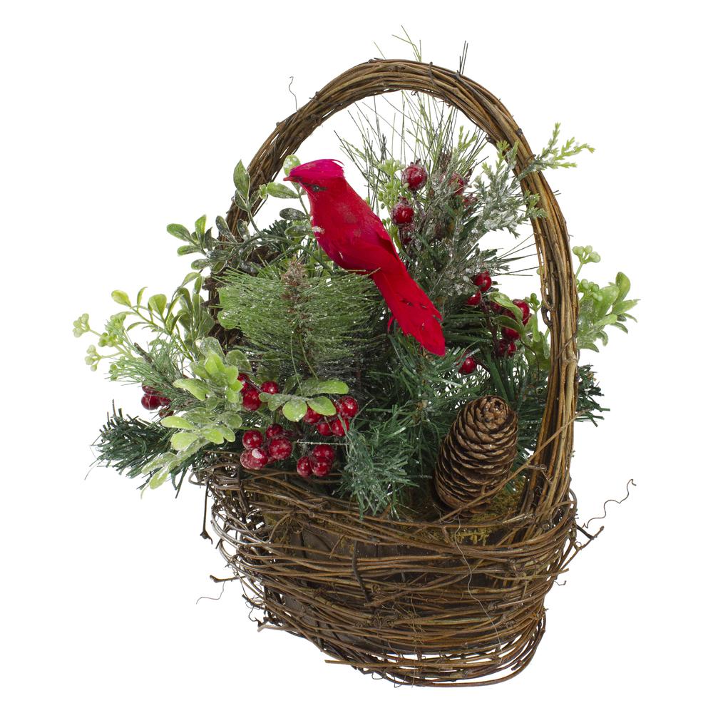 12" Red Cardinal with Winter Foliage Twig Basket Christmas Decoration. Picture 4