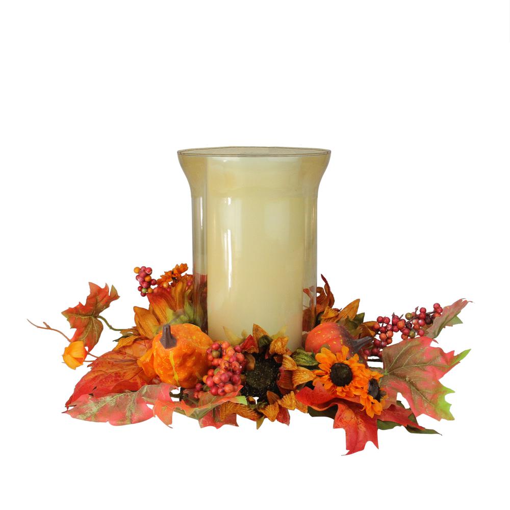 16" Orange and Red Sunflower with Pumpkin Fall Pillar Candle Holder. Picture 3