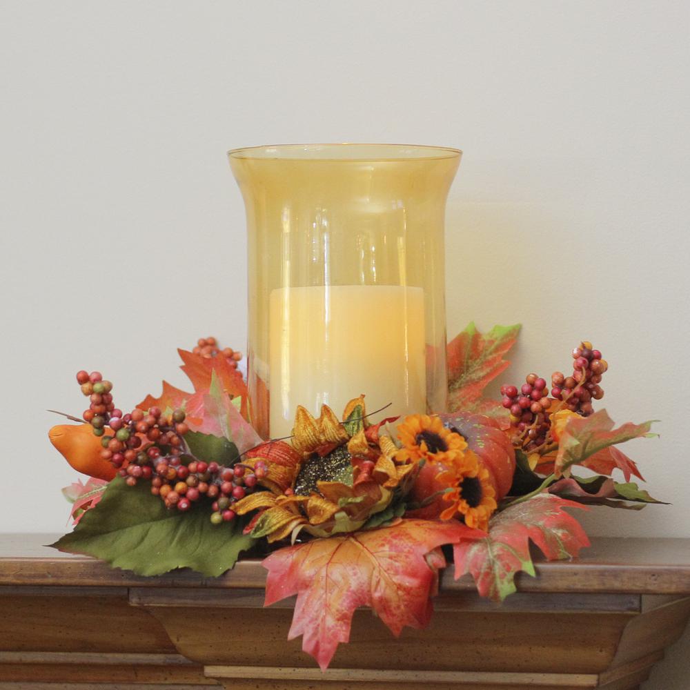 16" Orange and Red Sunflower with Pumpkin Fall Pillar Candle Holder. Picture 2