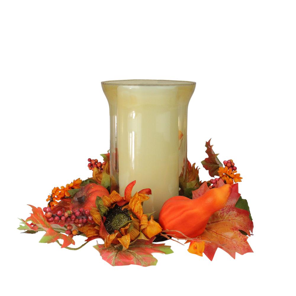 16" Orange and Red Sunflower with Pumpkin Fall Pillar Candle Holder. Picture 1