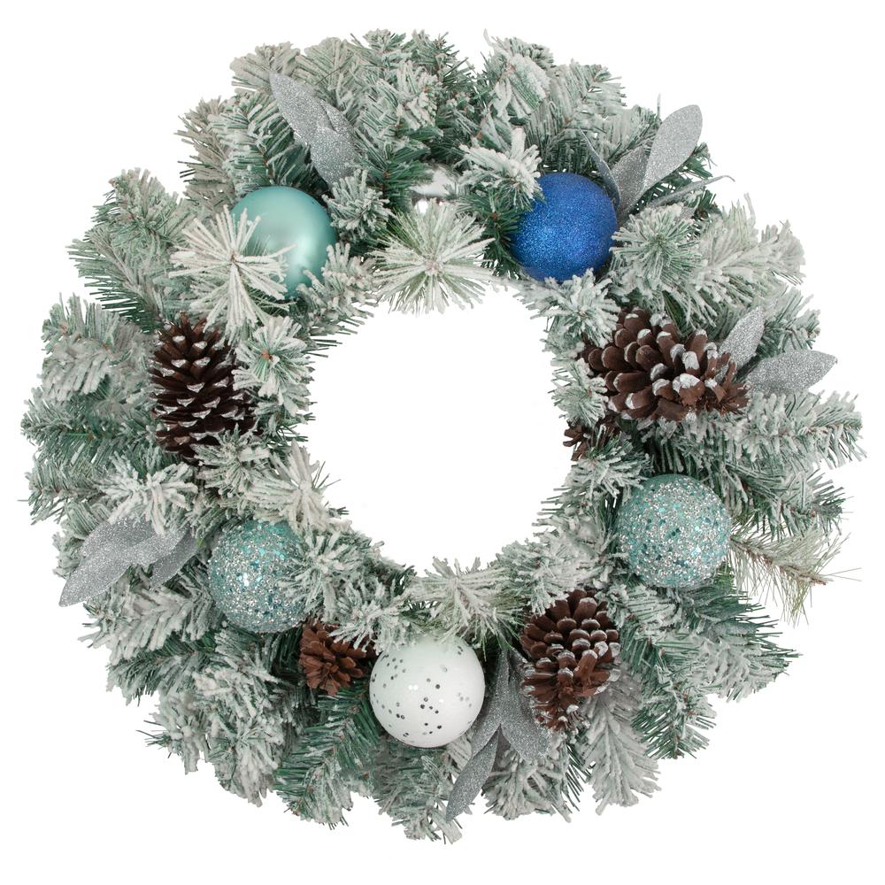 Flocked Pine with Blue and Silver Ornaments Christmas Wreath 24-Inch Unlit. Picture 1