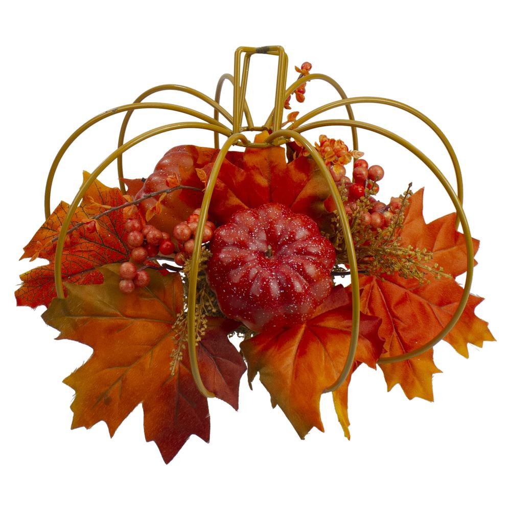 12" Autumn Harvest Maple Leaf and Berry Pumpkin Tabletop Centerpiece. Picture 3