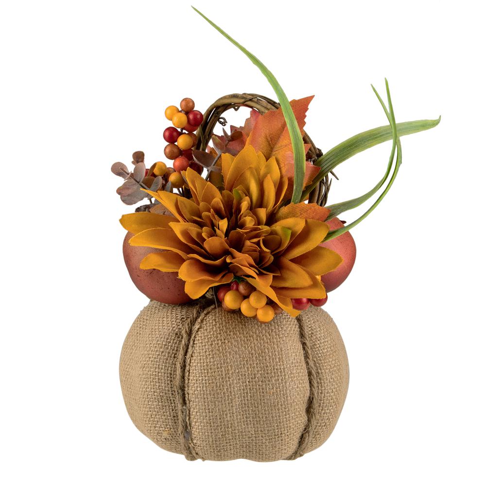 9" Yellow Autumn Harvest Floral in Pumpkin Basket Tabletop Decor. Picture 2