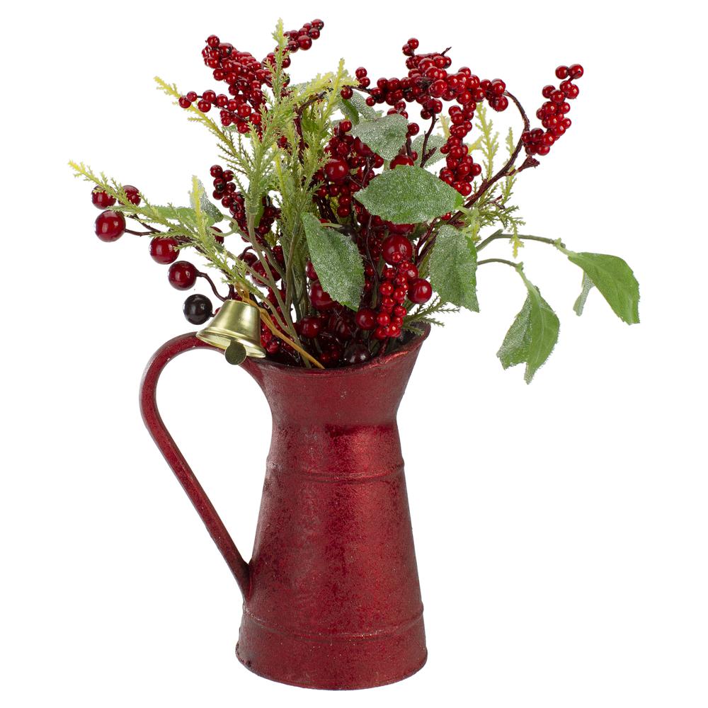 13" Red Berries and Foliage in Vintage Milk Pitcher Christmas Decoration. Picture 1