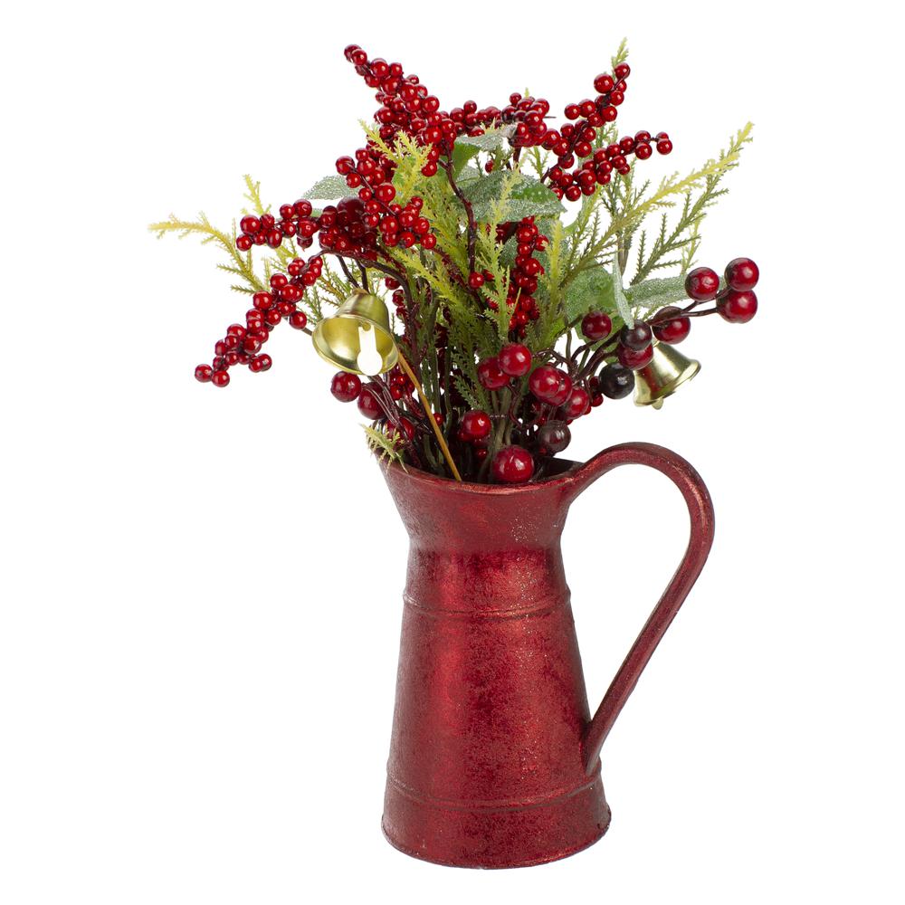 13" Red Berries and Foliage in Vintage Milk Pitcher Christmas Decoration. Picture 5