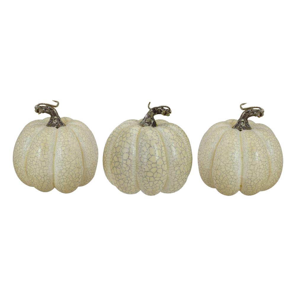 Set of 3 White Crackle Finish Fall Harvest Pumpkins 4". Picture 1