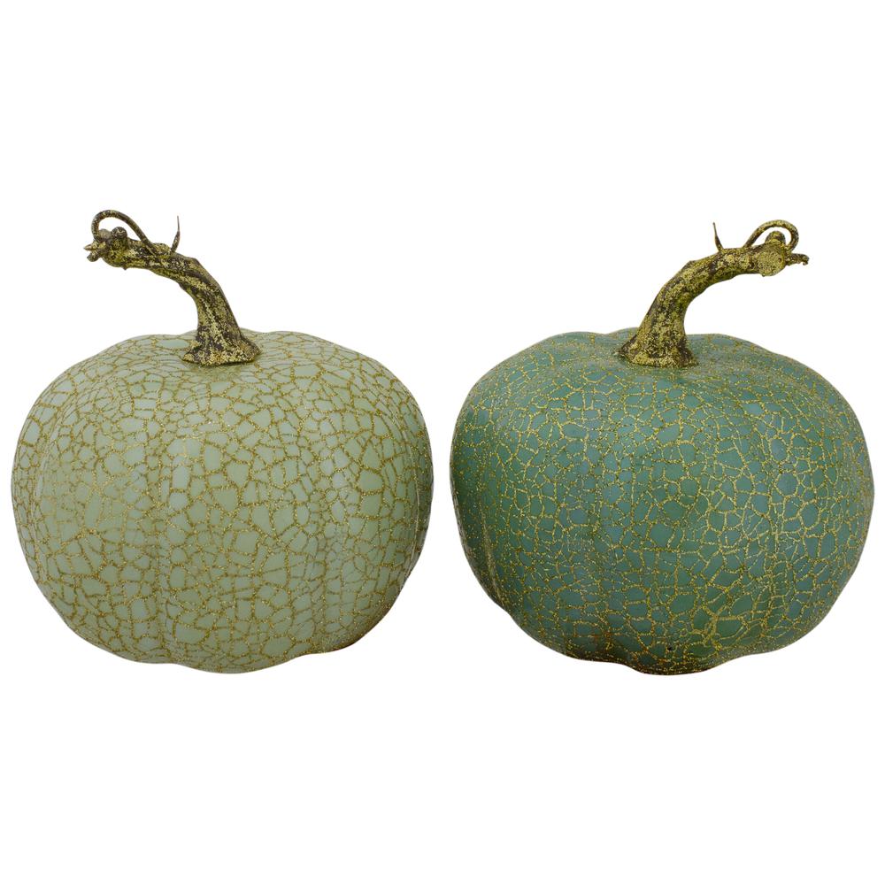 Set of 2 Green and Gold Crackle Fall Harvest Tabletop Thanksgiving Pumpkins  5-Inch. Picture 1