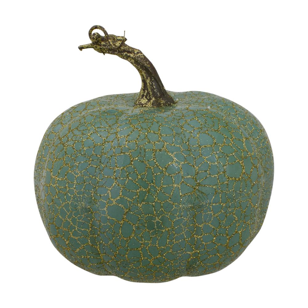 Set of 2 Green and Gold Crackle Fall Harvest Tabletop Thanksgiving Pumpkins  5-Inch. Picture 3