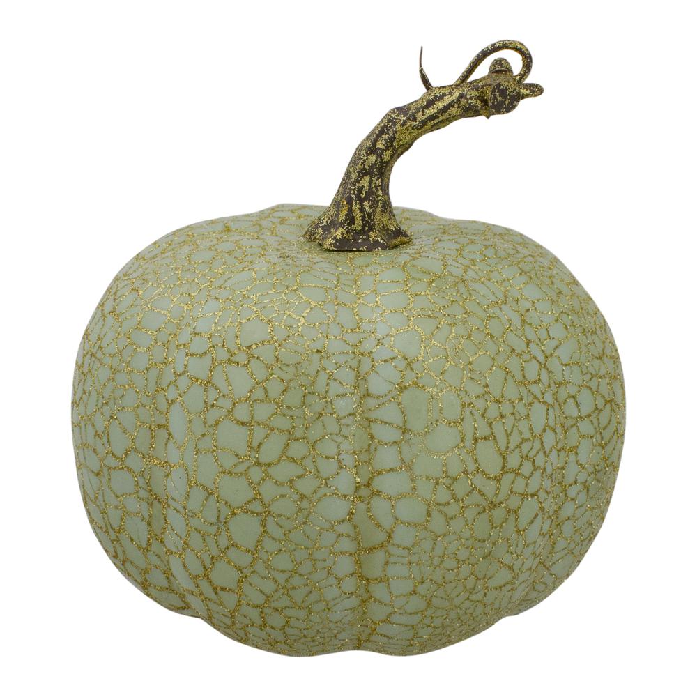 Set of 2 Green and Gold Crackle Fall Harvest Tabletop Thanksgiving Pumpkins  5-Inch. Picture 4