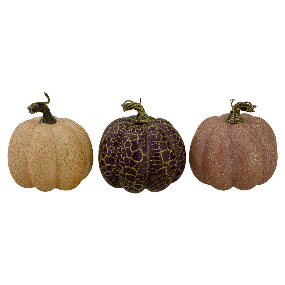 Set of 3 Orange  Brown and Purple Fall Harvest Tabletop Pumpkins 4". The main picture.