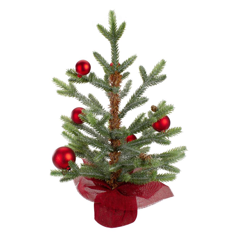 18" Potted Pine with Red Ornaments Medium Artificial Christmas Tree - Unlit. Picture 1