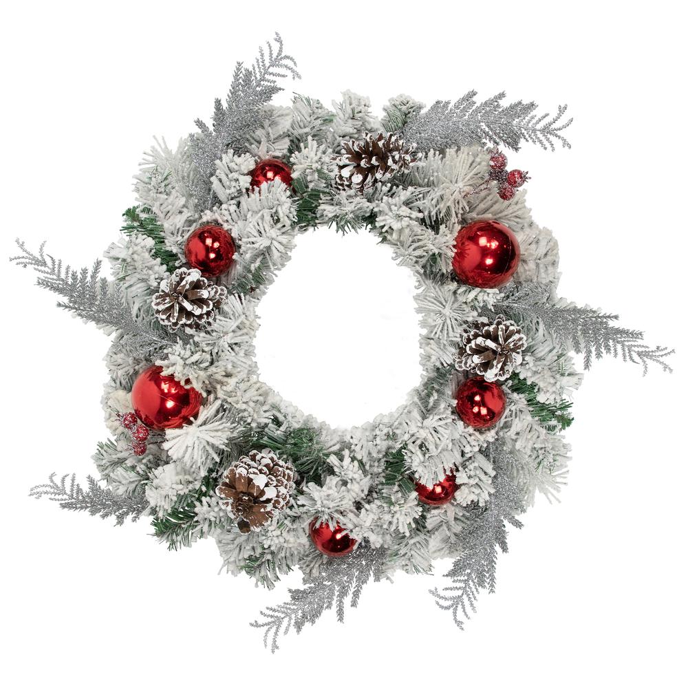 Flocked Pine with Red Ornaments Artificial Christmas Wreath  24-Inch  Unlit. Picture 1