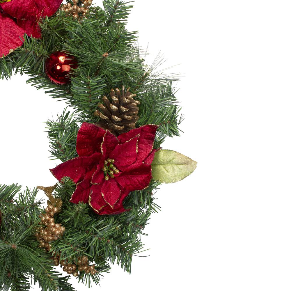Green Pine and Poinsettias Artificial Christmas Wreath - 24-Inch  Unlit. Picture 2