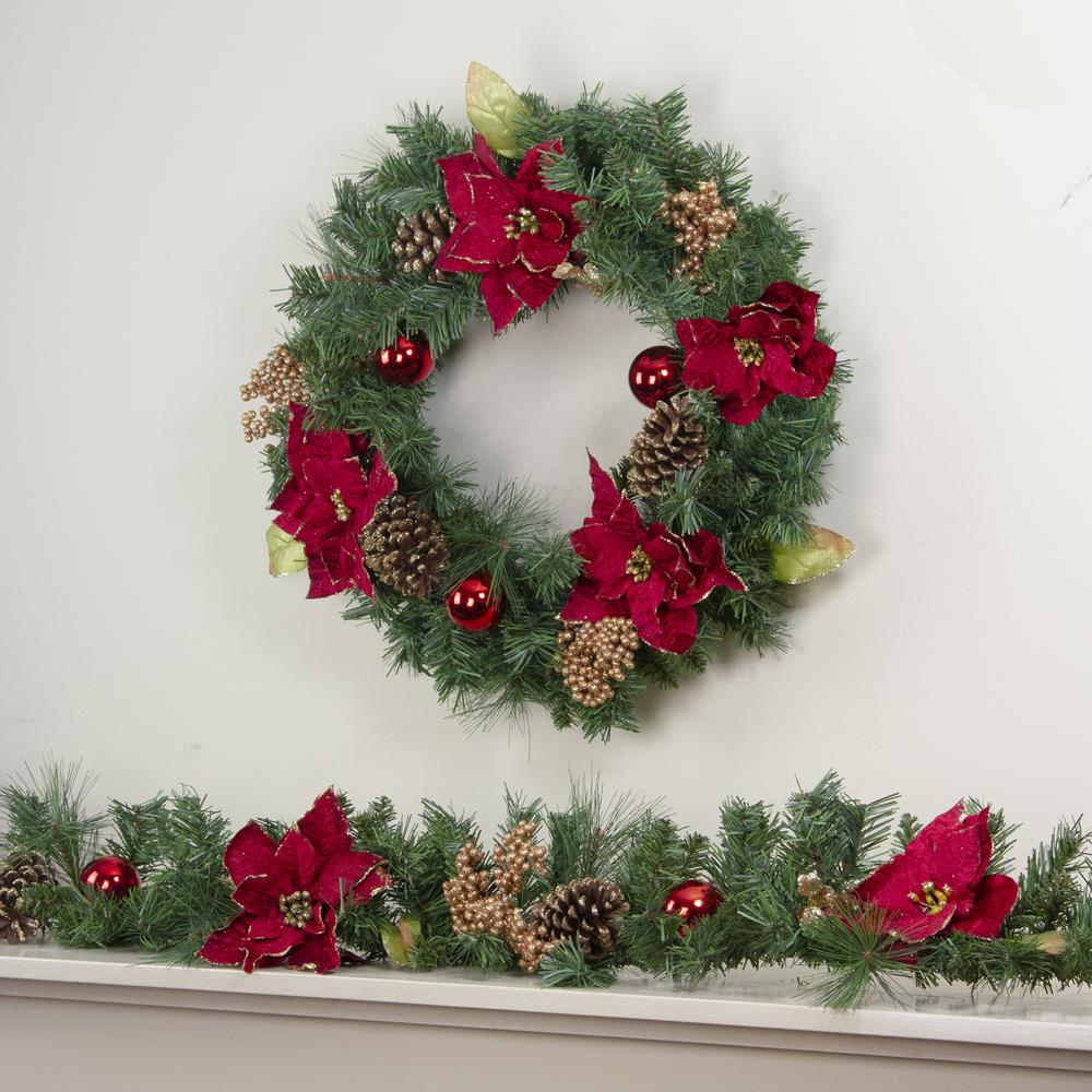 Green Pine and Poinsettias Artificial Christmas Wreath - 24-Inch  Unlit. Picture 3