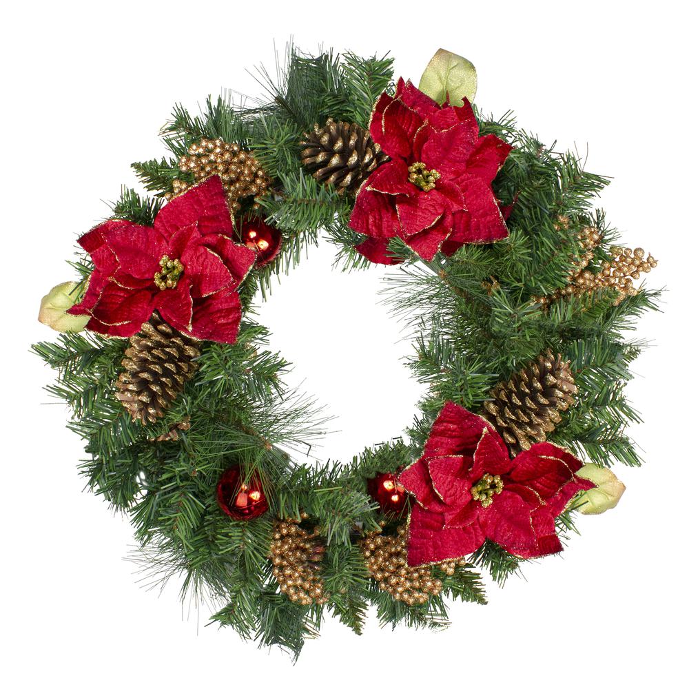 Green Pine and Poinsettias Artificial Christmas Wreath - 24-Inch  Unlit. Picture 1