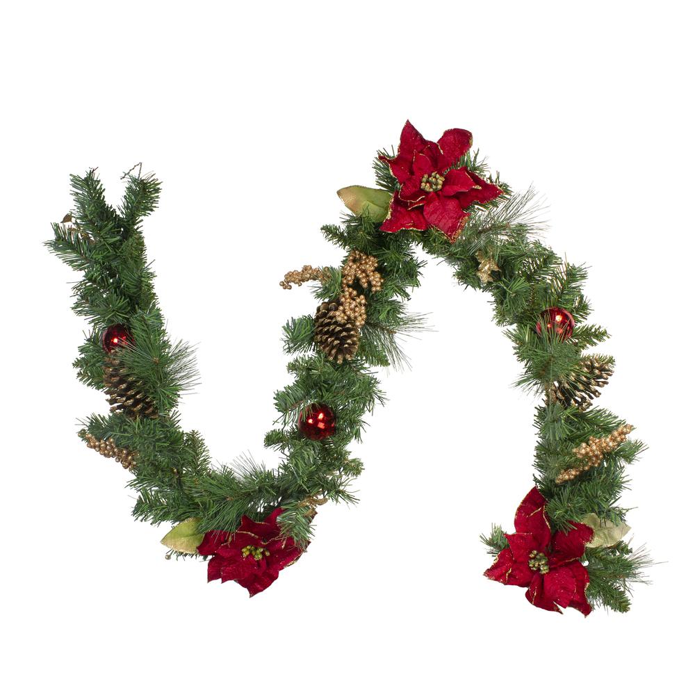 6' x 10" Pine and Poinsettias Artificial Christmas Garland - Unlit. Picture 1