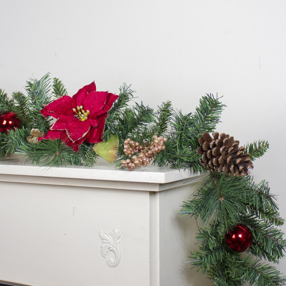 6' x 10" Pine and Poinsettias Artificial Christmas Garland - Unlit. Picture 3