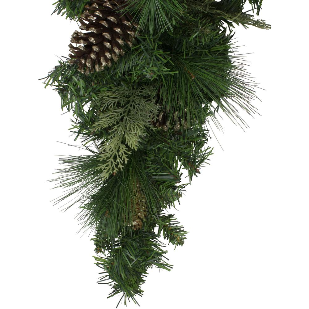 28" Artificial Mixed Pine with Pine Cones and Gold Glitter Christmas Teardrop Swag - Unlit. Picture 2