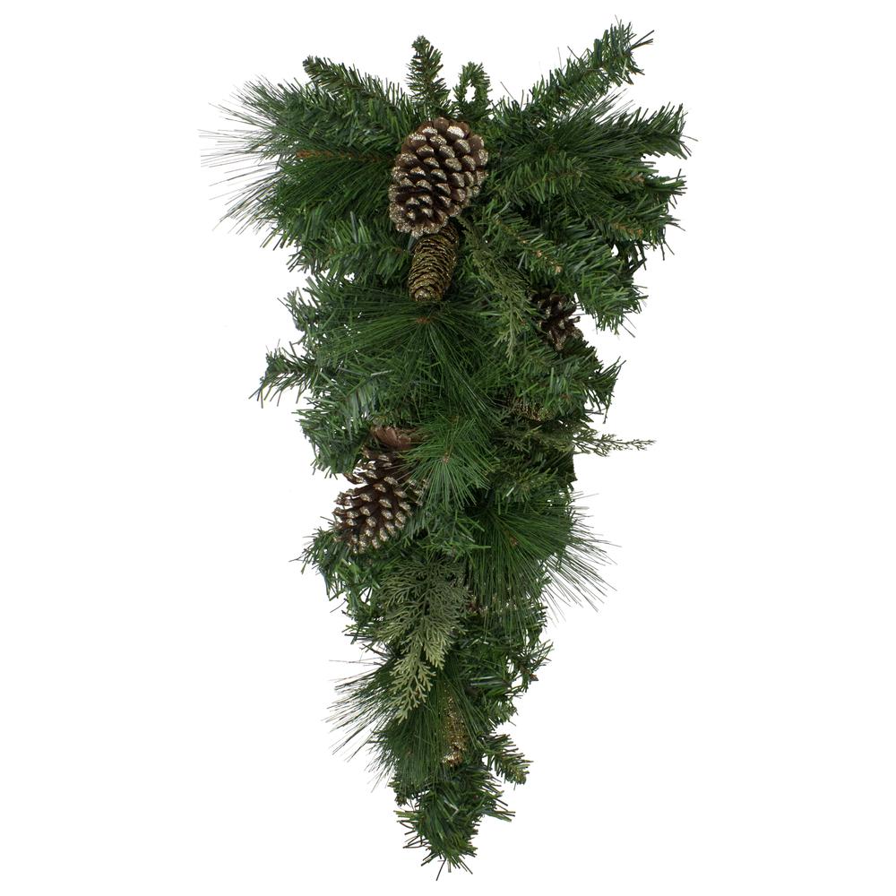 28" Artificial Mixed Pine with Pine Cones and Gold Glitter Christmas Teardrop Swag - Unlit. Picture 1