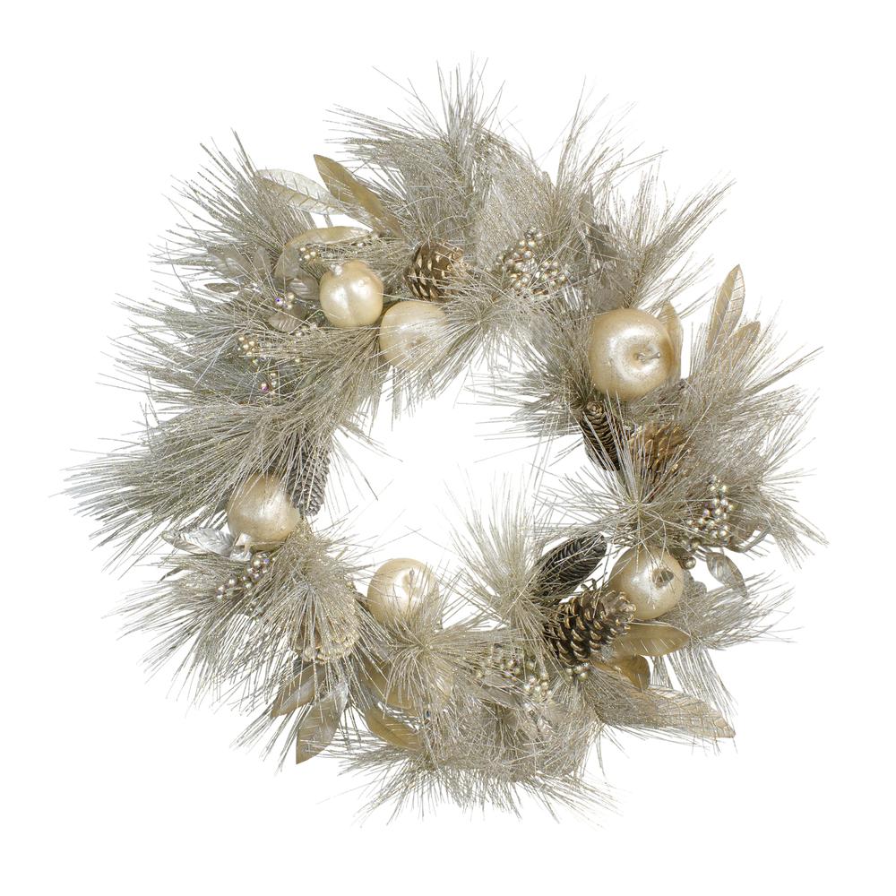 Champagne Gold Pomegranate and Apple Pine Needle Christmas Wreath - 24-Inch  Unlit. Picture 1