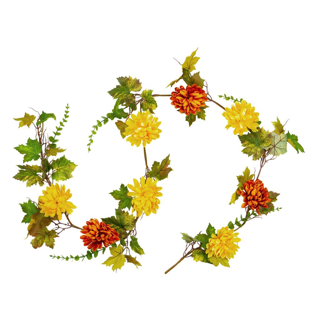 5.5' x 6" Red and Yellow Maple Leaf with Mum Flower Thanksgiving Garland - Unlit. Picture 1