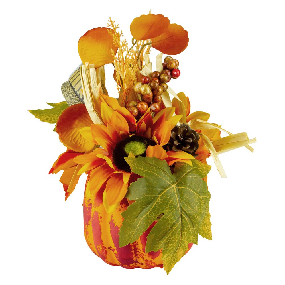 12" Autumn Harvest Orange and Yellow Floral Pumpkin Decoration. Picture 2