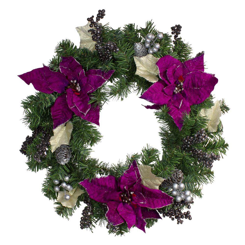 Purple Poinsettia and Silver Pine Cone Artificial Christmas Wreath - 24-Inch  Unlit. Picture 1