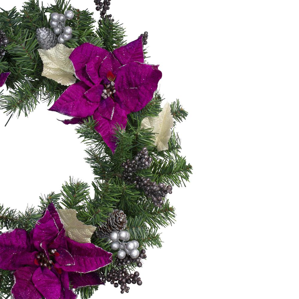 Purple Poinsettia and Silver Pine Cone Artificial Christmas Wreath - 24-Inch  Unlit. Picture 3