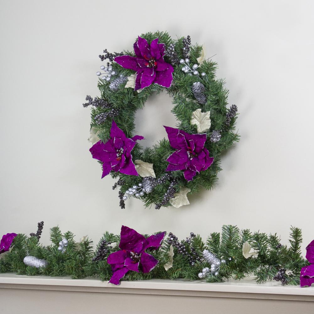 Purple Poinsettia and Silver Pine Cone Artificial Christmas Wreath - 24-Inch  Unlit. Picture 5