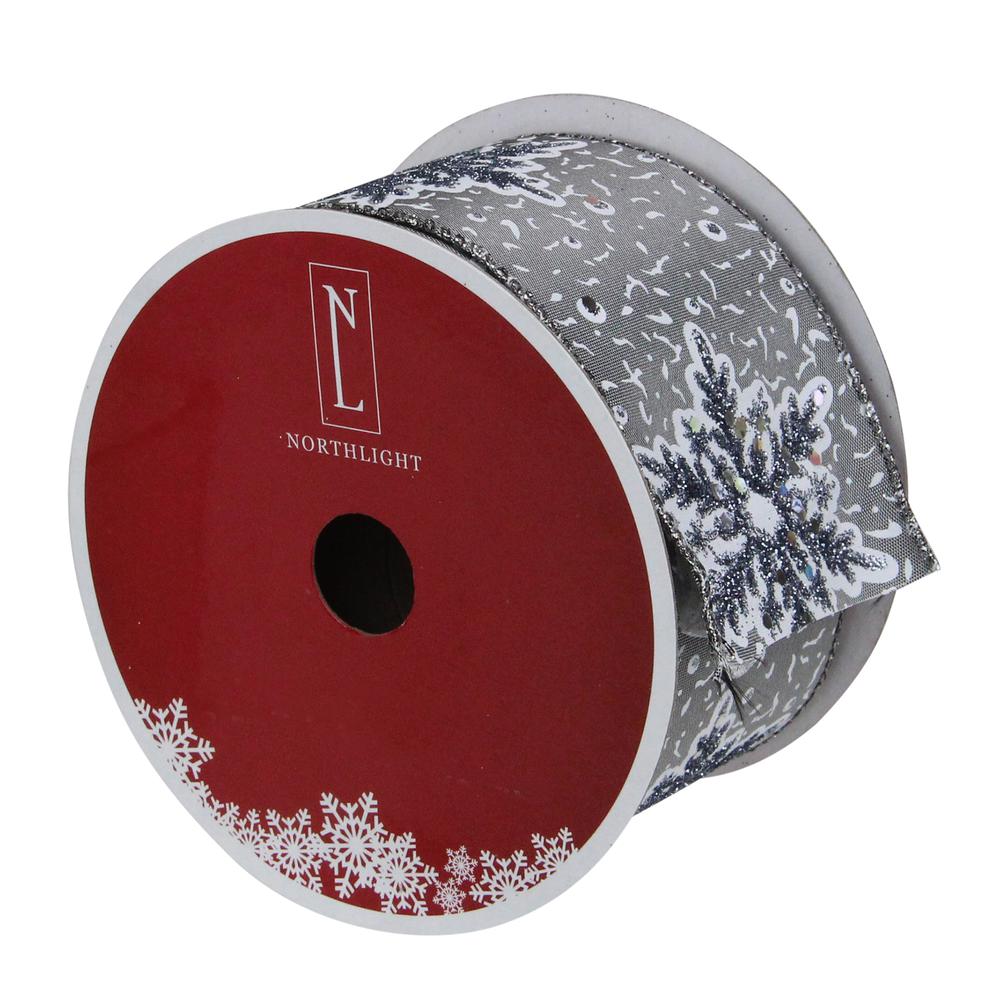 Gray and White Glitter Snowflake Christmas Wired Craft Ribbon 2.5" x 16 Yards. Picture 3