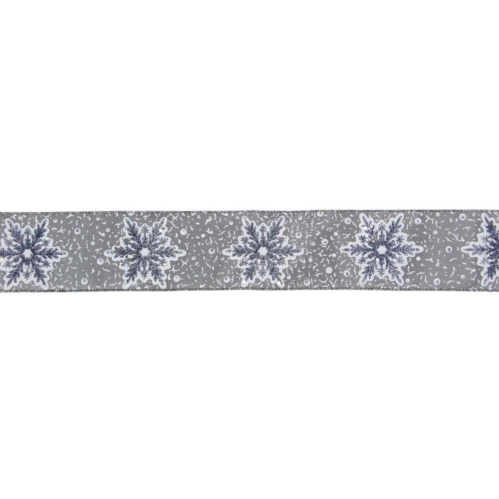 Gray and White Glitter Snowflake Christmas Wired Craft Ribbon 2.5" x 16 Yards. Picture 1