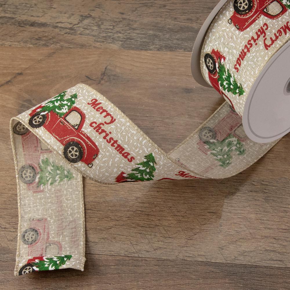 Green and Red Vintage Trucks with Christmas Trees Wired Craft Ribbon 2.5" x 16 Yards. Picture 2