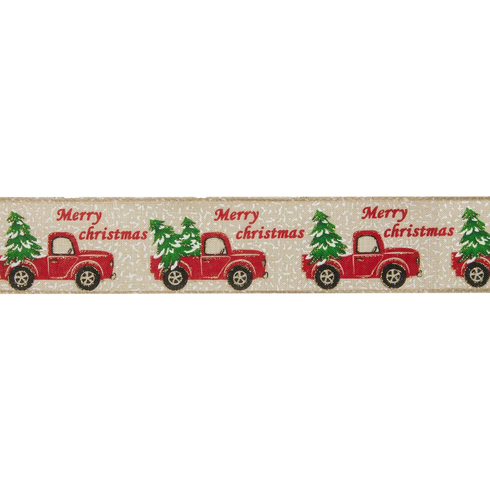 Green and Red Vintage Trucks with Christmas Trees Wired Craft Ribbon 2.5" x 16 Yards. Picture 1
