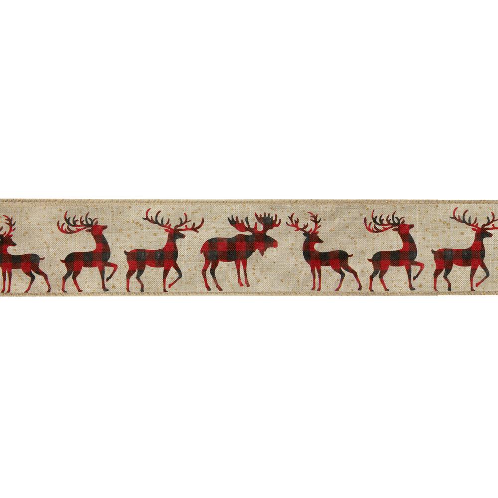 Beige and Red Plaid Buffalo with Reindeer Christmas Wired Craft Ribbon 2.5" x 16 Yards. Picture 1