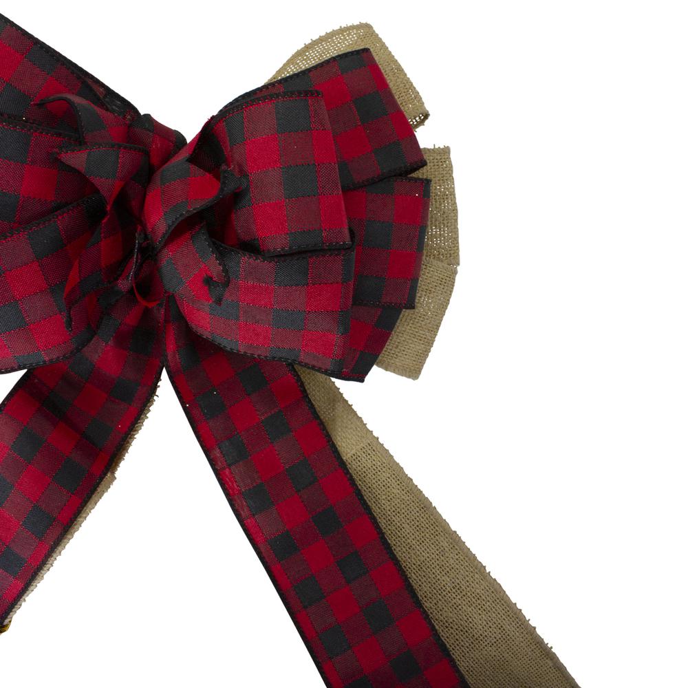 48" x 10" Burlap and Buffalo Plaid 16 Loop Christmas Bow Decoration. Picture 3