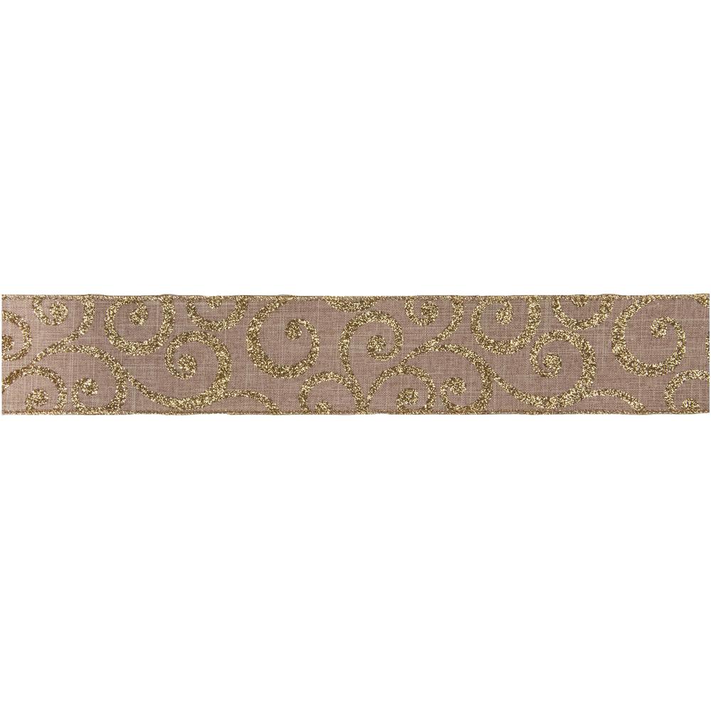 Burlap and Gold Scroll Christmas Wired Craft Ribbon 2.5" x 10 Yards. Picture 1