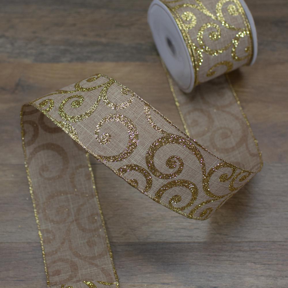 Burlap and Gold Scroll Christmas Wired Craft Ribbon 2.5" x 10 Yards. Picture 2