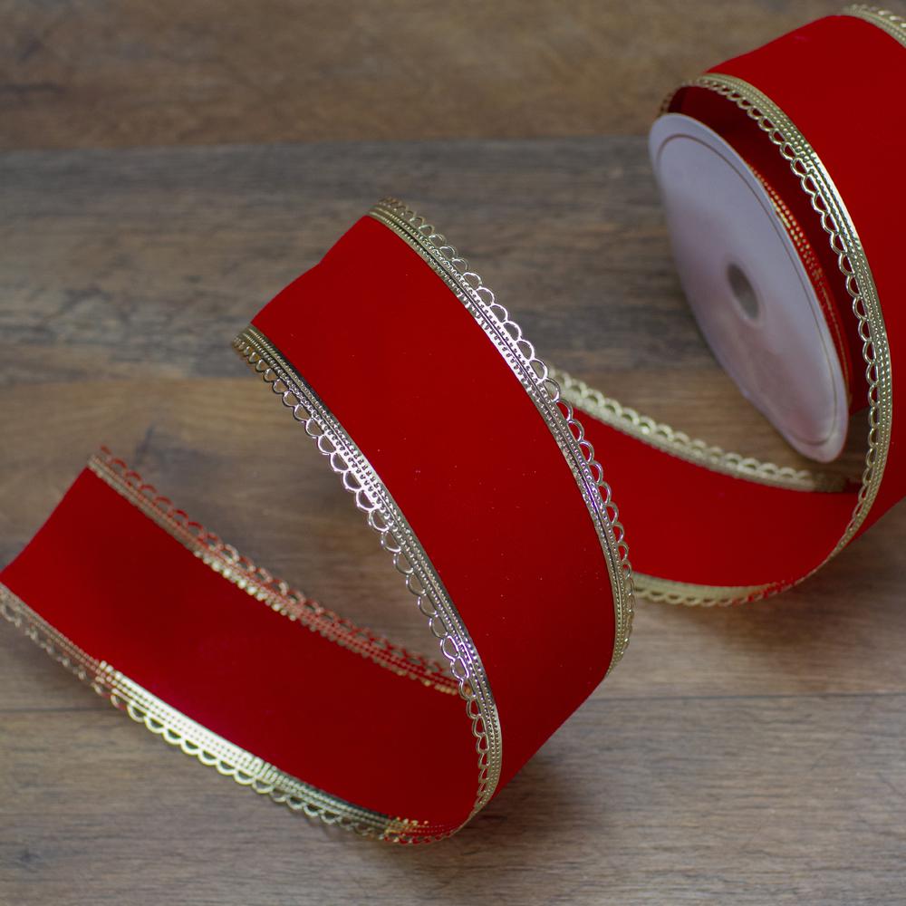 Red and Gold Velvet Christmas Wired Craft Ribbon 2.5" x 10 Yards. Picture 2