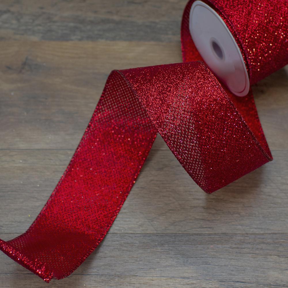 Red Glittered Christmas Wired Craft Ribbon 2.5" x 10 Yards. Picture 2