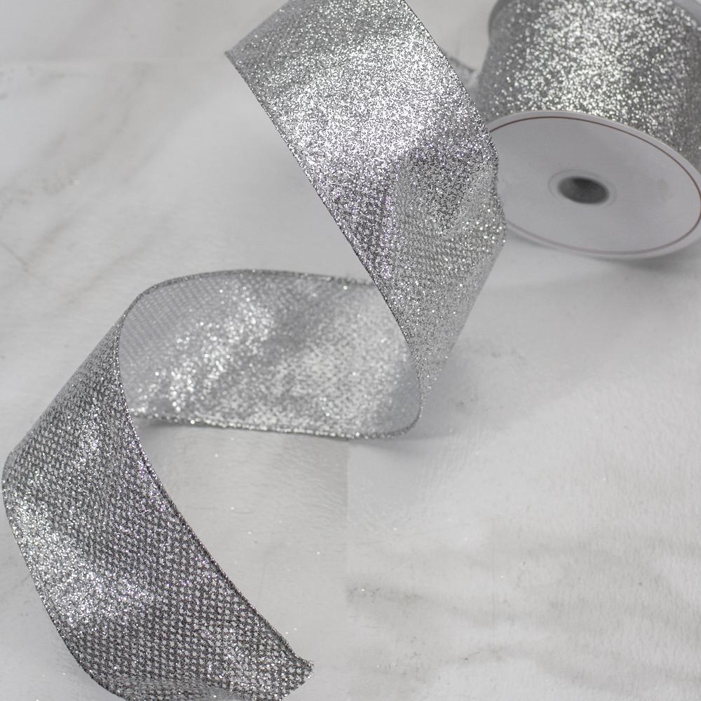 Silver Glittered Christmas Wired Craft Ribbon 2.5" x 10 Yards. Picture 3